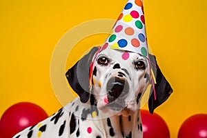 Friendly and cute Dalmatian wearing a birthday party hat in studio, on a vibrant, colorful background. Generative AI