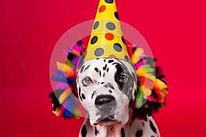 Friendly and cute Dalmatian wearing a birthday party hat in studio, on a vibrant, colorful background. Generative AI