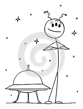 Cute Friendly Alien Standing in Front of UFO Spaceship, Vector Cartoon Stick Figure Illustration