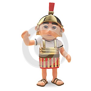 Friendly 3d cartoon Roman legionnaire centurion soldier waves a cheerful hello, 3d illustration photo