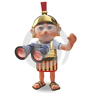 Friendly 3d cartoon Roman legionnaire soldier waves while using his binoculars, 3d illustration photo