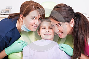 Friendly dental team and kid, boy or child patient