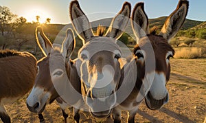 Friendly donkey photobombs group selfie with a big grin. Creating using generative AI tools