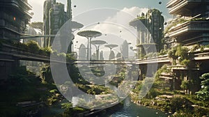 Friendly ecology city buildings. Green environment city. Sustainable nature. Generative Ai