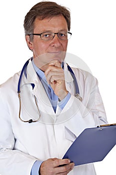 Friendly elderly doctor with medical report