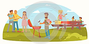 Friendly family on picnic flat color illustration