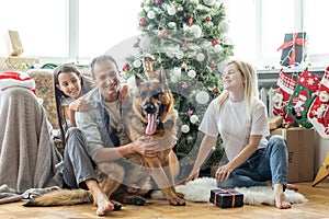 Friendly family is playing with dog near Christmas tree. They are sitting and laughing