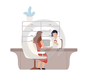 Friendly female bank worker providing services to customer vector flat illustration. Woman client sitting and talking to