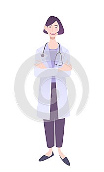 Friendly female physician standing with crossed hands. Doctor in a white coat. Isolated on white vector illustration