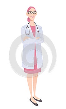 Friendly female physician standing with crossed hands. Doctor in a white coat. Isolated on white vector illustration