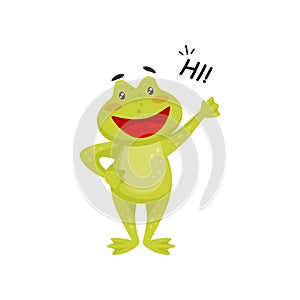 Friendly frog waving paw and saying Hi . Cheerful green toad. Flat vector element for children book