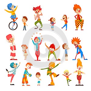Friendly funny clowns in classic outfit performing tricks and entertaining kids at Birthday or carnival party vector