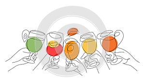 Friendly get-togethers. Friends hands holding drinks. Celebration, greeting or drinking toasts for friendship. Cheers. Line art