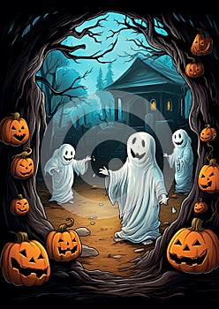 A friendly ghost helping lost trick or treaters find their way home halloween frame border