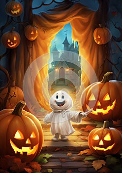 A friendly ghost helping lost trick or treaters find their way home halloween frame border