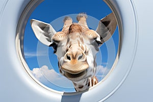 Friendly giraffe peeking through hole in wall with big smile, showcasing playful and curious nature in close-up shot.