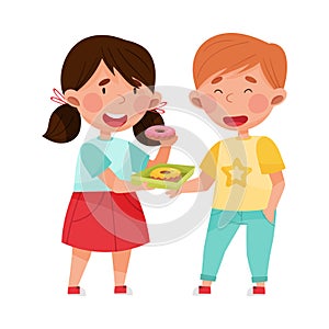 Friendly Girl Character Sharing Doughnut with Her Agemate Boy Vector Illustration photo