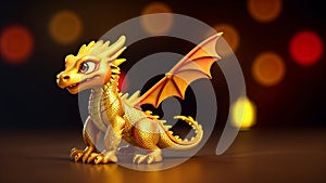 Friendly golden dragon with wings. Cute cartoon yellow dragon with a whimsical design. Concept of fantasy creatures