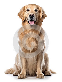 Friendly Golden Retriever dog looking to camera on a white background. Generative AI