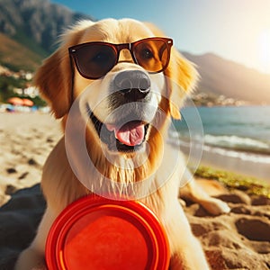 A Friendly Golden Retriever Enjoying the Beach with Sunglasses and Frisbee