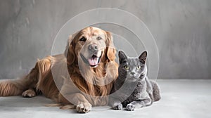 Friendly Golden Retriever and Gray Cat Posing Together. Perfect for Pet Lovers. Suitable for Digital and Print Uses