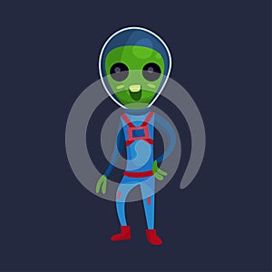 Friendly green alien with big eyes wearing blue space suit, alien positive character cartoon Illustration