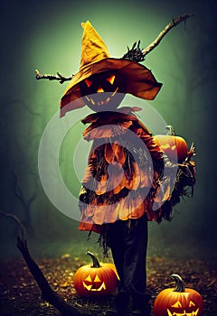 Friendly halloween scarecrow bringing you jack-o lanterns
