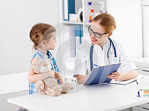 Friendly happy doctor pediatrician with patient child girl