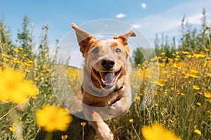 Friendly happy dog running at fast pace towards the camera in a blossoming flower meadow on sunny summer day. Walking a dog