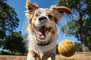 Friendly happy dog running at fast pace towards the camera in a city park on sunny autumn day. Puppy catching a ball. Playing with