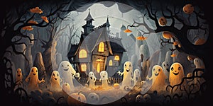 a friendly haunted house with smiling ghosts and playful ghouls.