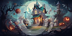 a friendly haunted house with smiling ghosts and playful ghouls.