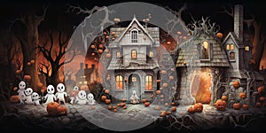 a friendly haunted house with smiling ghosts and playful ghouls.