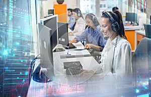 Friendly helpline operators working in call center. Business, Technology, Internet and network concept