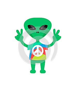 Friendly hippie alien flat cartoon charater. come in peace