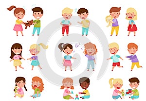 Friendly and Hostile Kids Playing Together Vector Illustrations Set