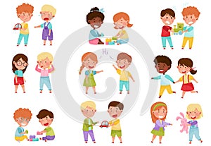 Friendly and Hostile Kids Playing Together Vector Illustrations Set