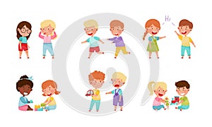 Friendly and Hostile Kids Playing Together Vector Illustrations Set