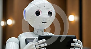 Friendly humanoid robot holding tablet computer in modern office environment future technology