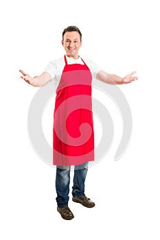Friendly hypermarket employee with arms wide open