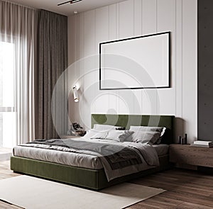 Friendly interior style. Bedroom room. Frame mockup. Poster mockup. 3d rendering, 3d illustration