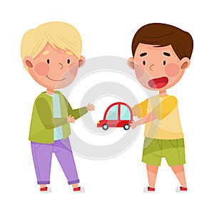 Friendly Kids Playing Together and Sharing Toy Car Vector Illustration