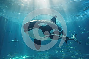 Friendly Killer Whale in Underwater Viewing Tank