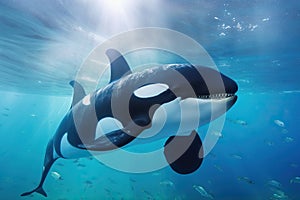 Friendly Killer Whale in Underwater Viewing Tank