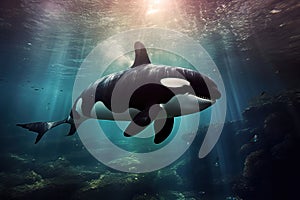 Friendly Killer Whale in Underwater Viewing Tank