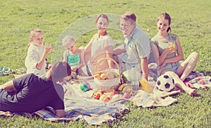 Friendly large family of six having picnic on green lawn in park