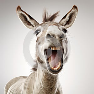 friendly and laughing donkey on a white background