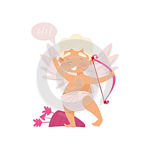 Friendly little angel waving hand and saying Hi . Cheerful baby boy with wings, bow and arrows. Flat vector icon