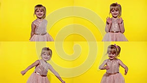 Friendly little blonde child kid girl waving to the camera doing hello or bye gesture, slow motion