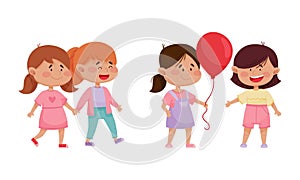 Friendly Little Kids Holding Hands and Sharing Toy Balloon Vector Set